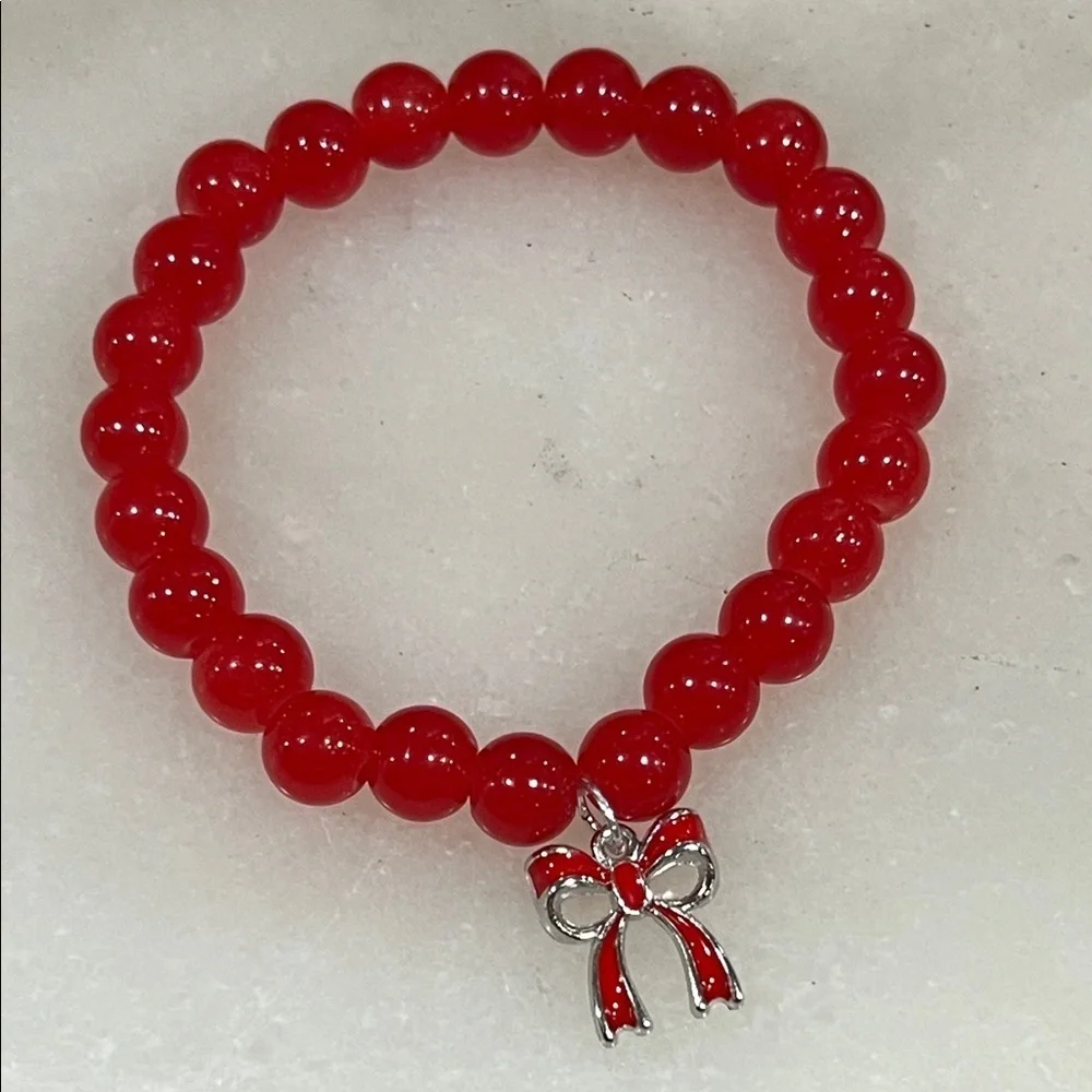 Elegant Red Beaded Bracelet with Bow Charm